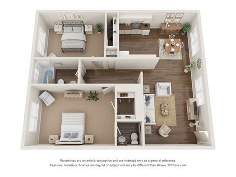 Floor plan for 2 beds, 1.5 baths, 894 sqft